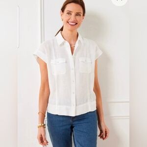 Talbots Womens 100% Linen Extended Shoulder Short Shirt Front Pockets White Sz S